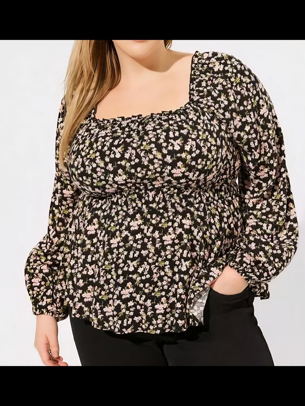 torrid Black Floral Smocked Square-Neck Blouse